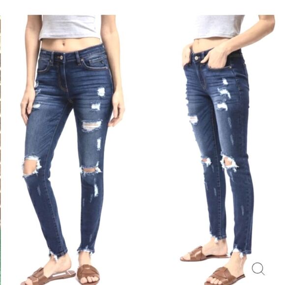 KANCAN Dark Wash Distressed Destroyed Skinny Jeans - Picture 2 of 16